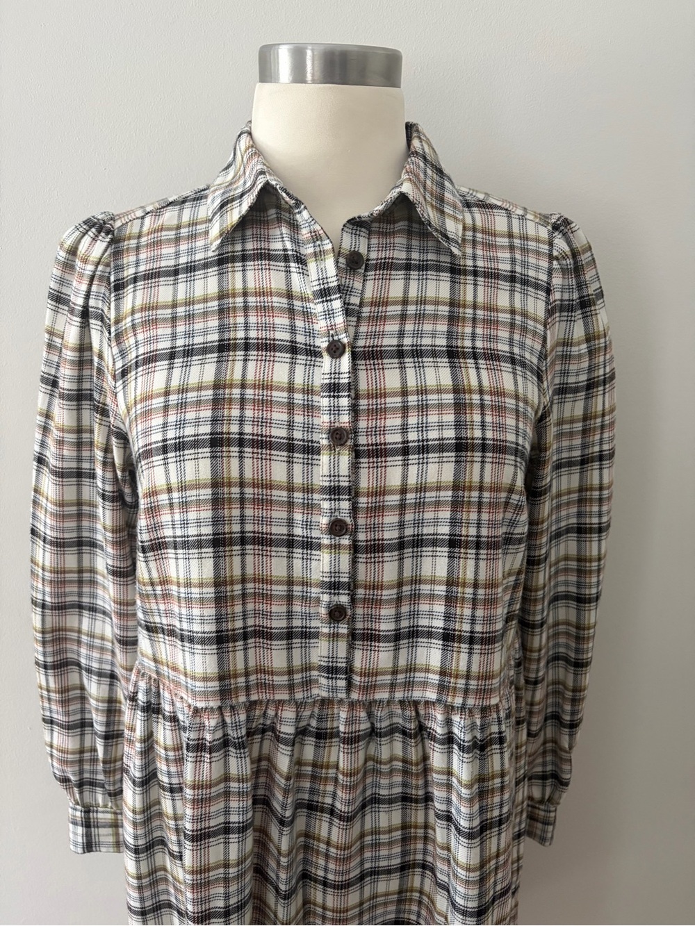 LOFT Plaid Button-Down Midi Babydoll Shirt Dress SP Dark Academia Preppy Fall - Picture 3 of 9